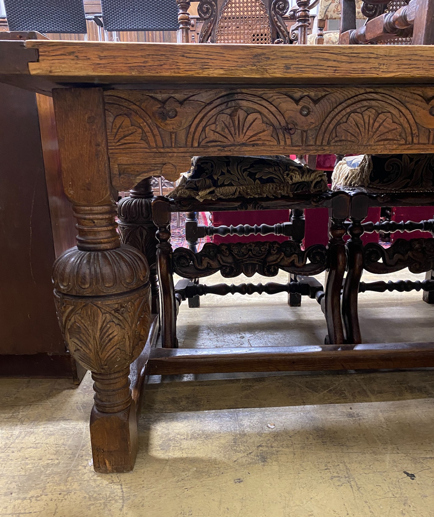 A 17th century style rectangular oak refectory table, width 194cm, depth 88cm, height 74cm